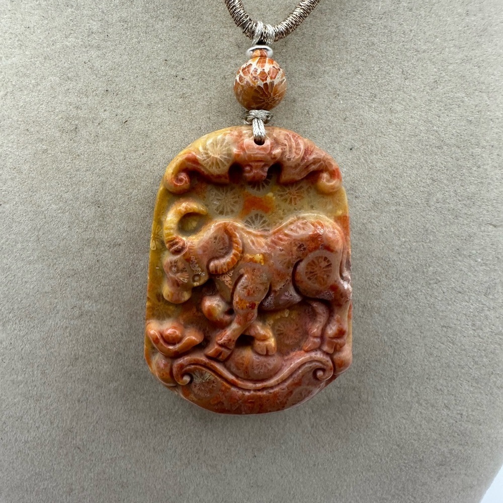 Coral Fossil Bull Pendant Necklace Silver Accent Adjustable Rope - Picture 6 of 9